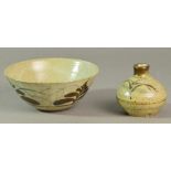 Lowerdown Pottery; a stoneware bowl with foxglove decoration on speckled grey ground,