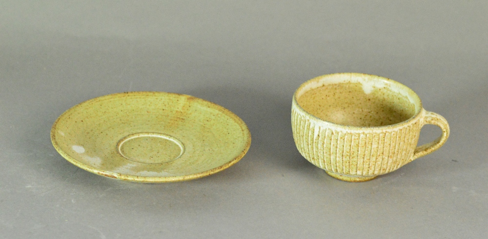 Lowerdown Pottery; a fluted stoneware cup and saucer, impressed L+ mark, cup height 6.5cm. - Image 2 of 3