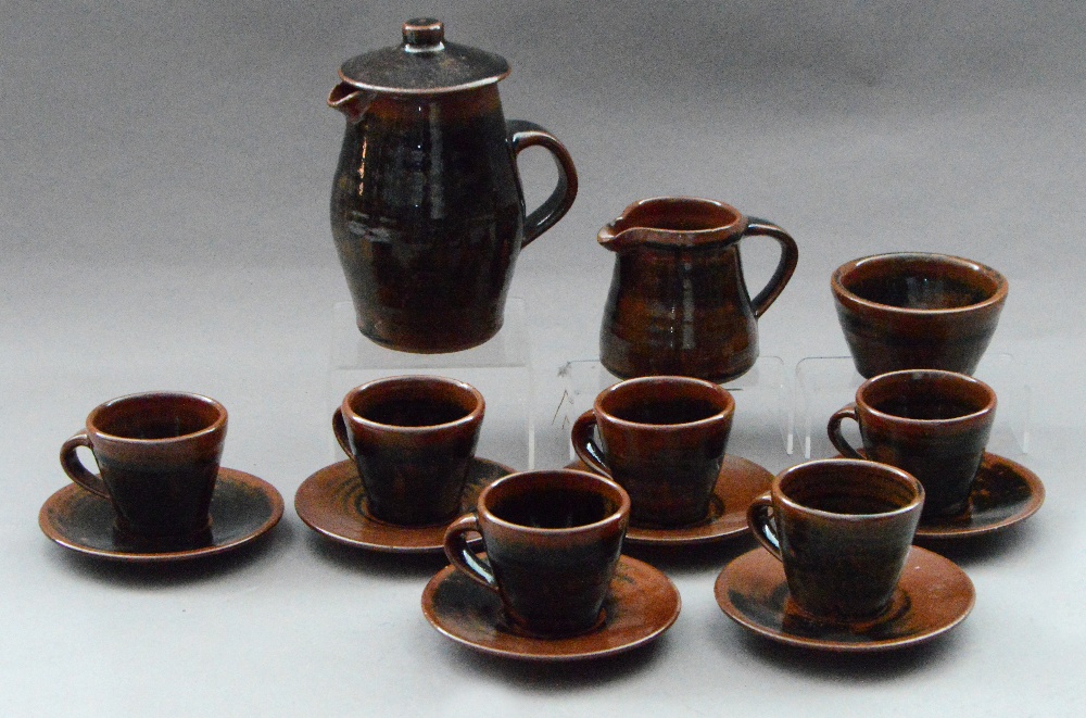 Leach Pottery; a stoneware coffee set comprising coffee pot, milk jug,