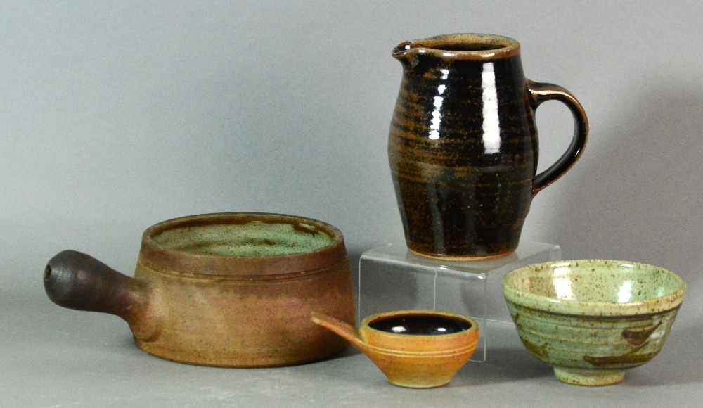 Leach Pottery; four stoneware pots to include a Z bowl (af), a coffee pot (missing lid),