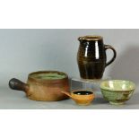 Leach Pottery; four stoneware pots to include a Z bowl (af), a coffee pot (missing lid),