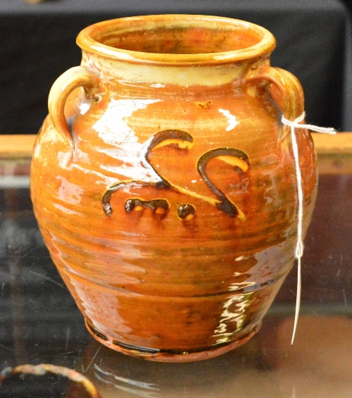 Winchcombe Pottery: an early slipware vase with three lug handles covered in a rich treacle yellow - Image 6 of 8