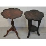 A small walnut floral shaped side table on central carved trefoil support and an Oriental hardwood