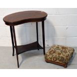 A reproduction mahogany inlaid kidney shaped side table on splayed supports with lower shelf and a