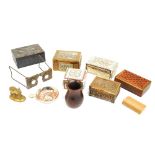 A small group of boxes including a New Zealand treen example, a modern mother of pearl example,