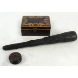 A small group of treen items comprising a circular Tunbridge Ware box, diameter 5cm,