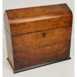 A mid 19th century burr walnut lancet topped decanter box with hinged upper section and fall front