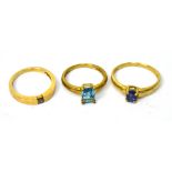 Three various 9ct yellow gold gemstone set rings, approx combined 7.9g.