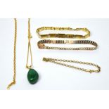 Four various 9ct gold bracelets and a silver gilt necklace with green hardstone pendant,