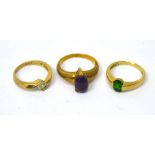 Three various 9ct yellow gold gemstone set rings, approx combined 7.9g.
