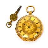 An 18ct yellow gold fob watch, the gilt dial set with Roman numerals, with winding key.