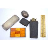 A shagreen cased vintage geometry set, an ivory hydrometer 'Gammage Late Dicas Patented Liverpool',