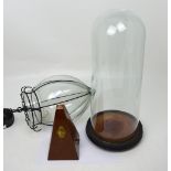 A collectors' lot comprising a domed glass cloche, possibly for taxidermy, height 50cm,