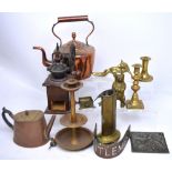 A selection of 19th century brass and copper to include kettles, candlesticks,