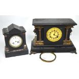 A Victorian ebonised case mantel clock, Grecian temple design with faux marble steps,