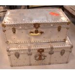 Two vintage metal chests with metal stud work and carrying handles, 96 x 36cm (2).