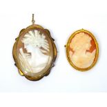 Two 9ct gold framed cameo brooches.