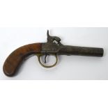 A late 18th-early 19th century flintlock muff pistol with a flamed mahogany grip,