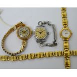 A 9ct gold ladies' wristwatch, silvered and gilt dial set with Arabic numerals,