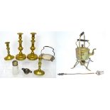 A small quantity of metalware to include brass candlesticks, cake stand,