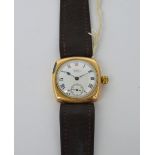 Waltham; a gentlemen's 9ct yellow gold square cushion cased wristwatch,