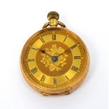 A 14ct yellow gold crown wind fob watch the gilt dial set with Roman numerals,