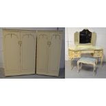 A retro cream bedroom suite in the French boudoir style comprising two matching twin door wardrobes,