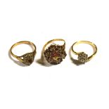 A 9ct gold floral set dress ring with white stones, size N, a 9ct gold ring (af, lacking stones),