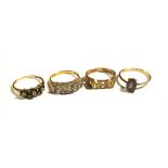 Four dress rings to include a 9ct gold ring with a single amethyst, size O,