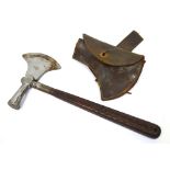 A Hill & Son (London) sharpened steel axe with a carved rosewood grip and leather cover,