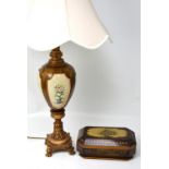 A treen baluster shape table lamp with inset ceramic panels with floral decoration,