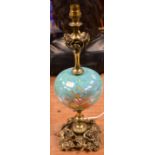 A Crown Devon turquoise lustre ground ovoid table lamp on gilt metal floral base, height 49cm.