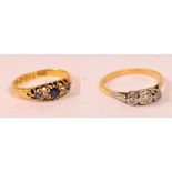 A Victorian 18ct yellow gold ring set with three graduated sapphires alternating with two diamonds,