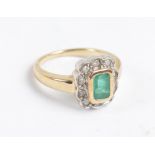 A 9ct yellow gold emerald and diamond floral set cluster ring,