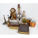 A mixed lot including table gong, three various barometers, pair of candlesticks,