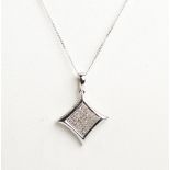 A 9ct white gold and pave diamond set pendant of lozenge form suspended on a fine link chain.