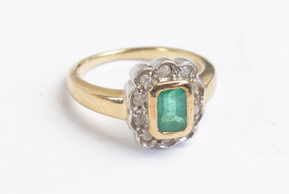 A 9ct yellow gold emerald and diamond floral set cluster ring, - Image 2 of 2