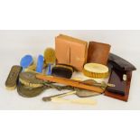 A large collection of dressing table items including two three piece mirror and brush sets,