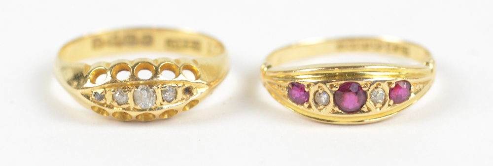 An 18ct yellow gold diamond set ring, size O, also an 18ct yellow gold ruby and diamond set ring,