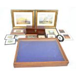 A glazed jewellery display cabinet, a mahogany box and a small quantity of prints and paintings.