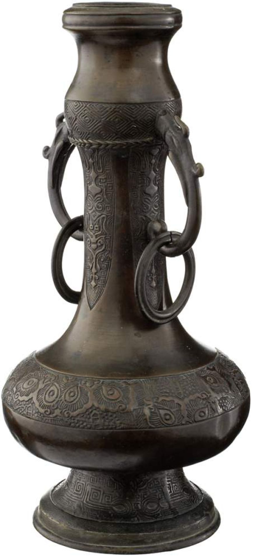 Henkelvase China 17./18. Jh. Bronze. Drachenkopfförmige Henkel mit beweglichen Ringen. Dekorbänder