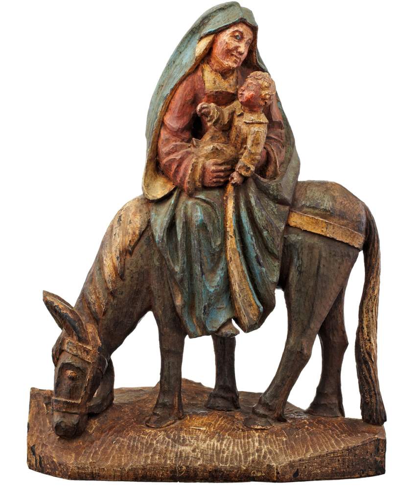 Figurengruppe "Flucht nach Ägypten" 18./19. Jh. Zweiteilige Figurengruppe Maria mit Jesuskind auf - Image 2 of 7
