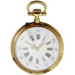 Damen-Anhängeuhr Um 1900. Gehäuse und Staubdeckel aus Gelbgold 18 Karat. Emailzifferblatt. Auf dem