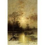 Jungblut Johann 1860 Saarburg - 1912 "Winterlandschaft mit Holzsammlerin im Abendlicht". Oel auf