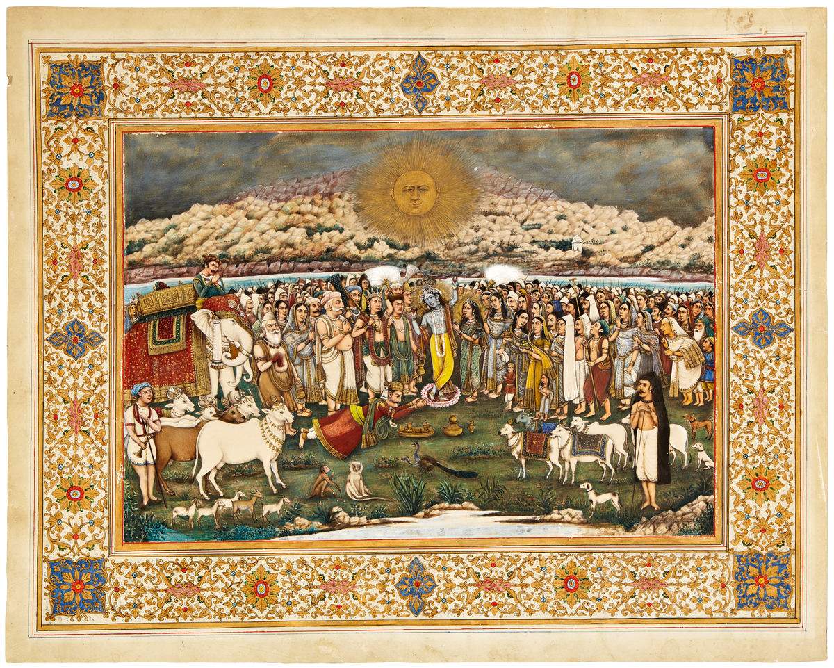 Indische Schule 19. Jh. "Fest zu Ehren der hinduistischen Gottheit Krishna". Gouache. Gold gehöht.