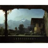 Stange Bernhard 1807 - 1880 Dresden "Veranda - Ausblick auf Häuser und Gebirgskette". Oel auf feiner