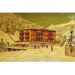 Hotel Weisskreuz - Belvedere - Klosters Mitte 20. Jh. Originaler Entwurf zu Hotel-Prospekt. Oel