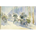 Traffelet Friedrich Eduard 1897 - 1954 Bern "Alarm - Schweizer Motorrad-Soldaten". Aquarell.