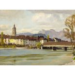 Baumgartner Victor 1870 St. Gallen - 1948 Veltheim "Altstadt Olten mit Holzbrücke". Oel auf