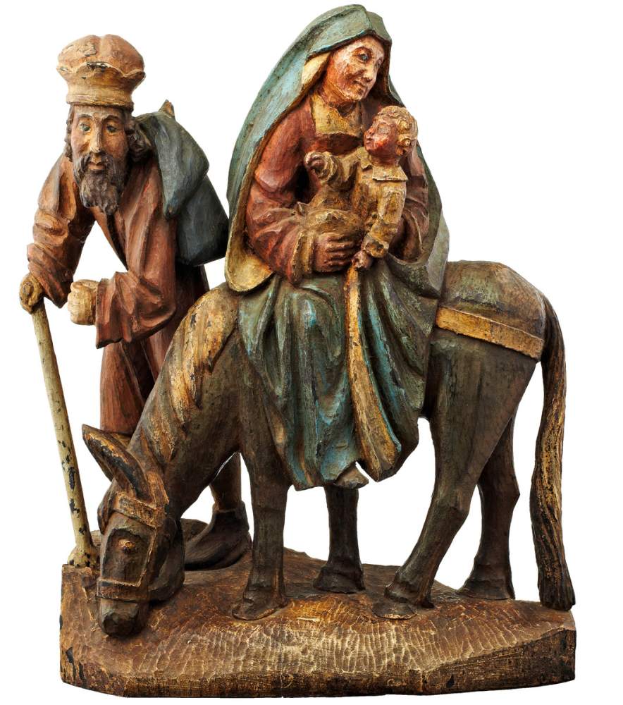 Figurengruppe "Flucht nach Ägypten" 18./19. Jh. Zweiteilige Figurengruppe Maria mit Jesuskind auf